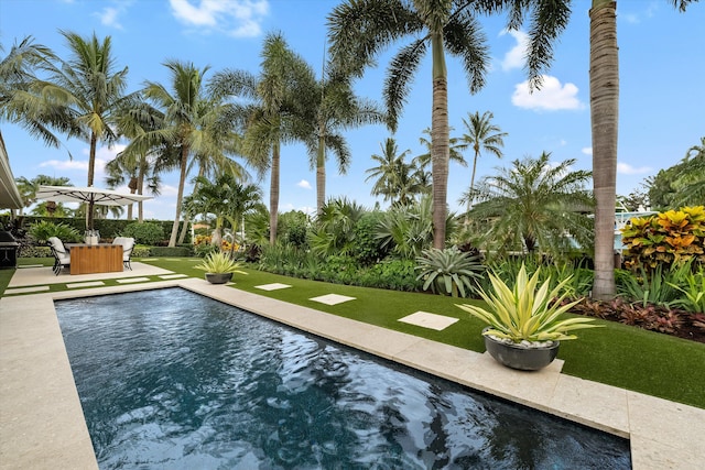 view of swimming pool featuring a lawn