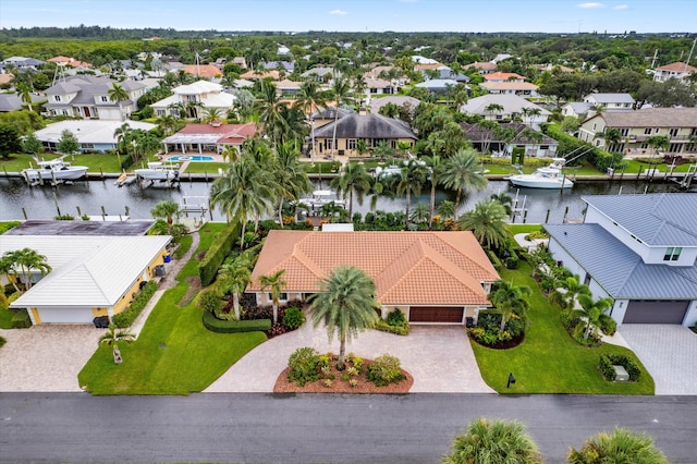 drone / aerial view featuring a water view