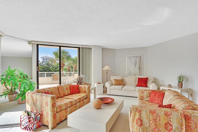 living room featuring light colored carpet and a textured ceiling