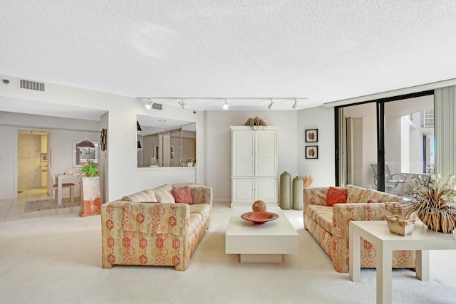 living room with rail lighting, light colored carpet, and a textured ceiling