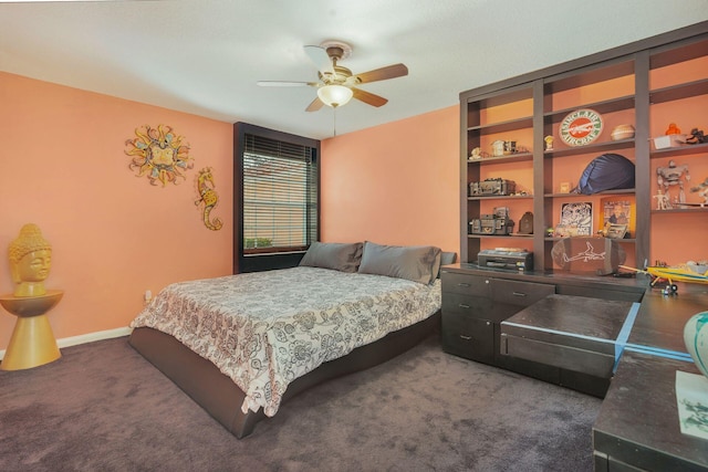 bedroom featuring dark colored carpet and ceiling fan