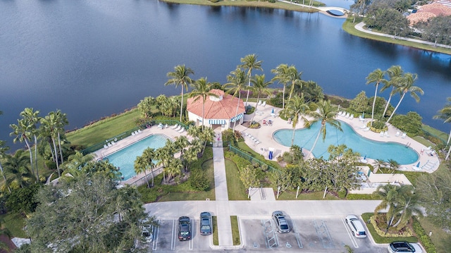 drone / aerial view featuring a water view