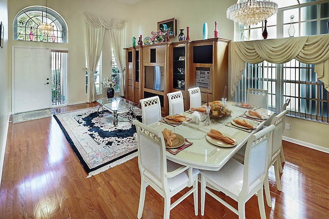 dining area featuring a chandelier and wood-type flooring