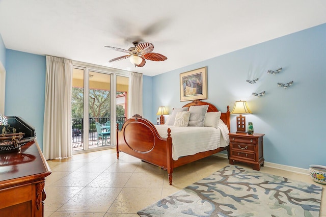 bedroom with baseboards, access to outside, and ceiling fan