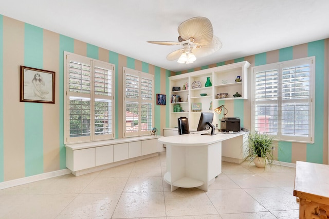 office area featuring ceiling fan and light tile patterned floors