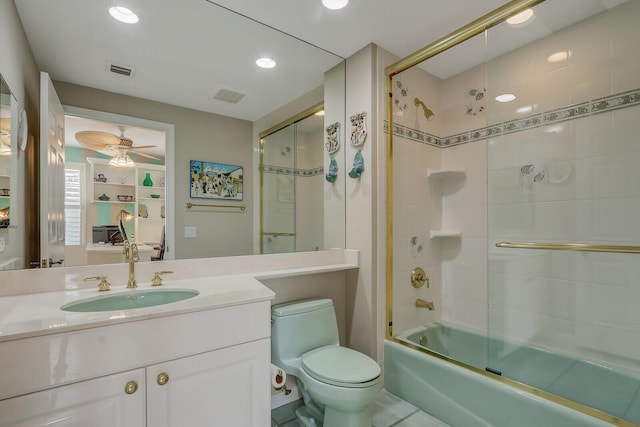 full bath with ceiling fan, visible vents, shower / bath combination with glass door, and toilet