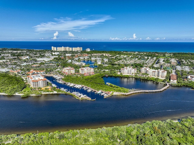 drone / aerial view featuring a water view