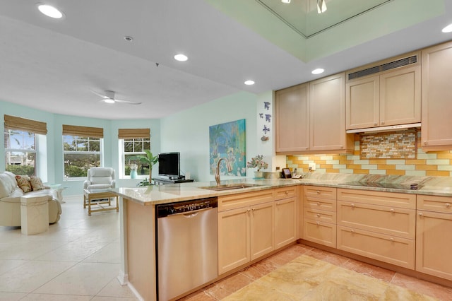 kitchen featuring sink, dishwasher, black electric stovetop, and kitchen peninsula