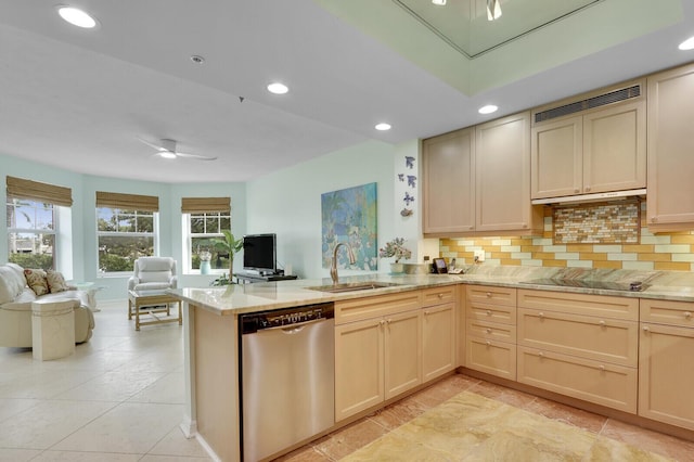 kitchen with black electric cooktop, a sink, open floor plan, visible vents, and dishwasher