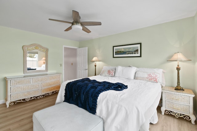 bedroom with ceiling fan and light hardwood / wood-style flooring