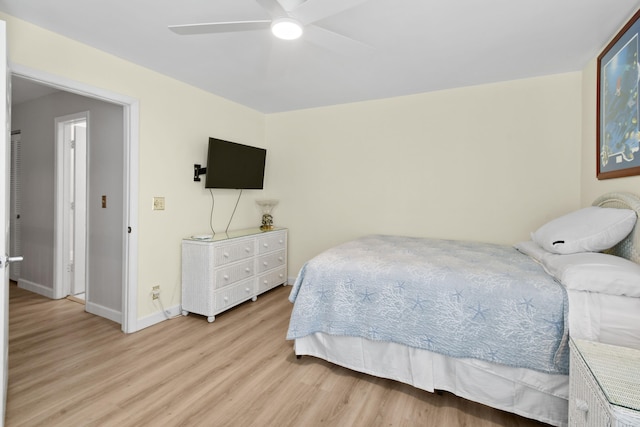 bedroom featuring ceiling fan and light wood-type flooring