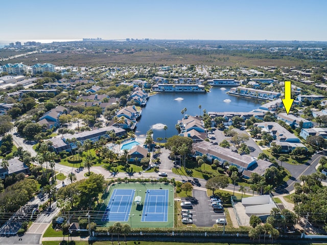 birds eye view of property featuring a water view