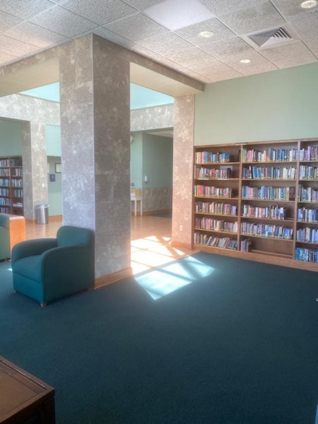 interior space with a drop ceiling and carpet