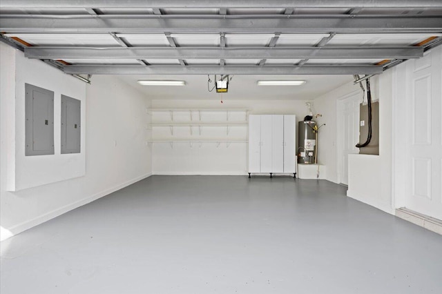 garage featuring a garage door opener, water heater, and electric panel