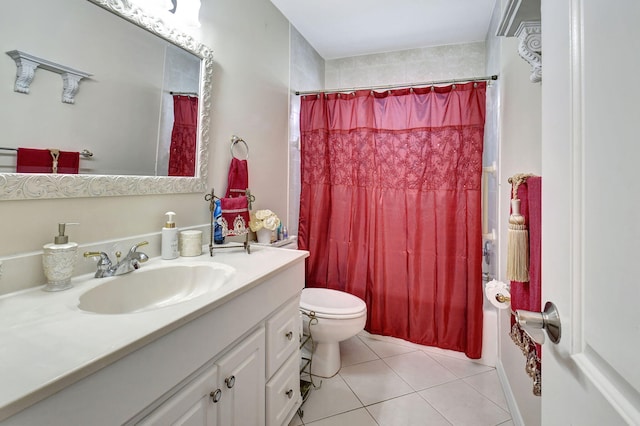 full bathroom with vanity, shower / tub combo with curtain, toilet, and tile patterned floors