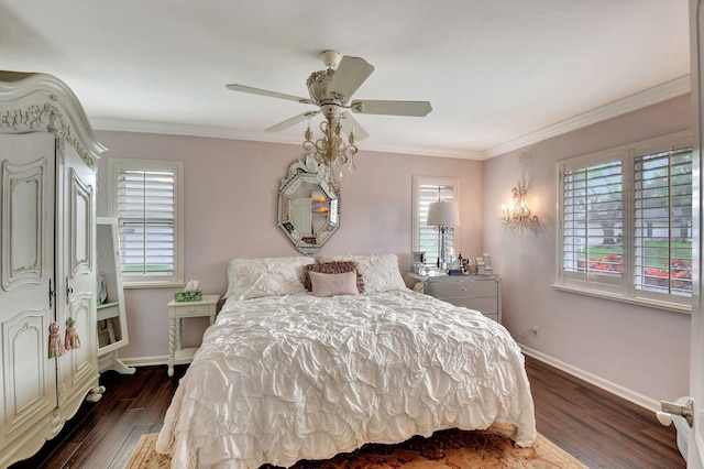 bedroom with ceiling fan, multiple windows, and dark hardwood / wood-style floors