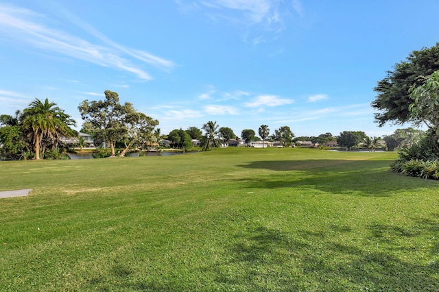 view of property's community with a water view and a lawn