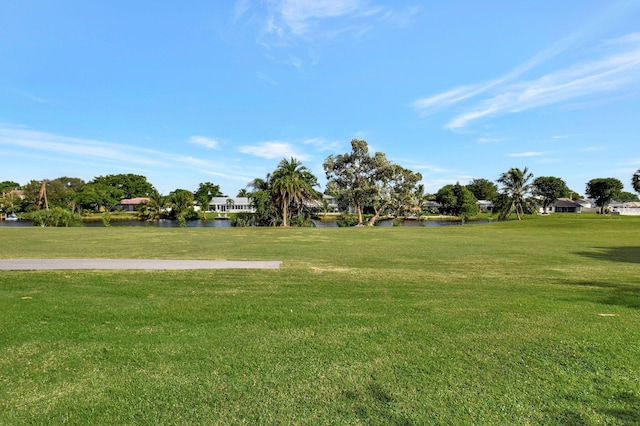 view of property's community with a lawn and a water view