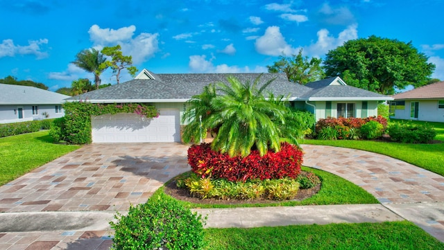 ranch-style home featuring a front yard and a garage