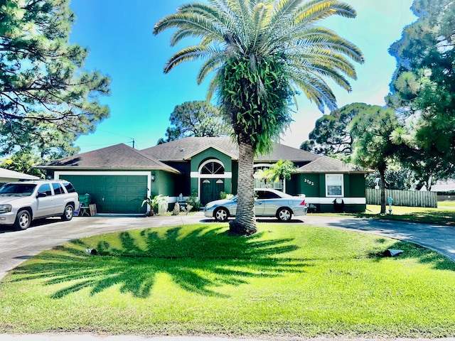 ranch-style house featuring a garage and a front yard