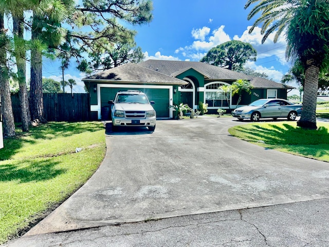 ranch-style house featuring a garage and a front yard