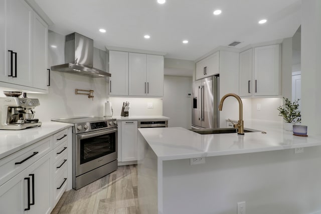 kitchen featuring wall chimney range hood, sink, kitchen peninsula, white cabinetry, and stainless steel appliances