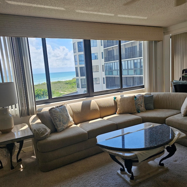 living room featuring a textured ceiling, carpet, and a water view