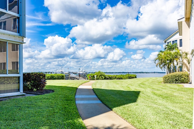 view of yard with a water view