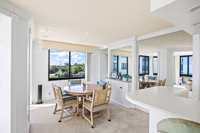 carpeted dining room with a textured ceiling