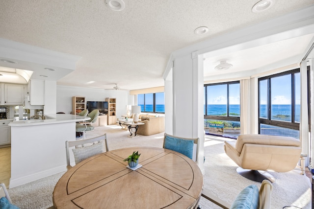 carpeted dining area featuring ceiling fan and a textured ceiling