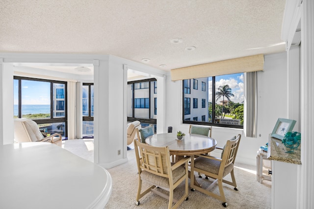 dining area with light colored carpet, a textured ceiling, and a water view