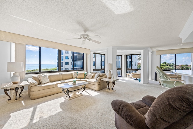 living room with a textured ceiling, carpet, and a water view