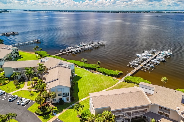 drone / aerial view with a water view