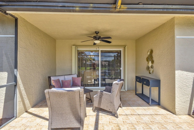 view of patio featuring ceiling fan and an outdoor hangout area