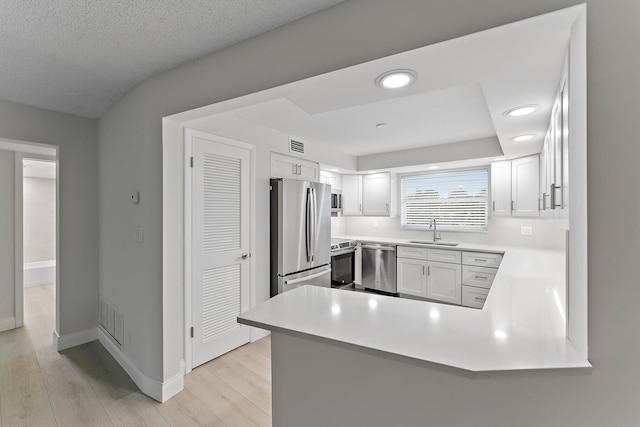 kitchen with white cabinets, light hardwood / wood-style flooring, stainless steel appliances, and sink