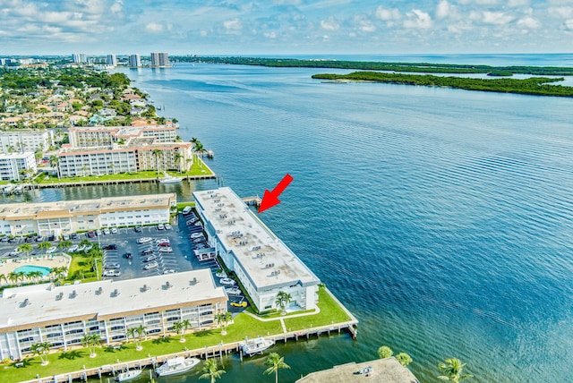 aerial view featuring a water view