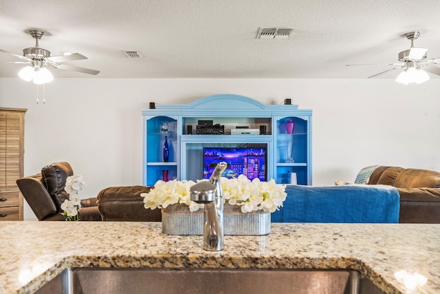 details featuring a textured ceiling, sink, and ceiling fan