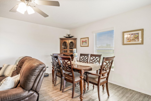 dining area with ceiling fan and light wood-type flooring