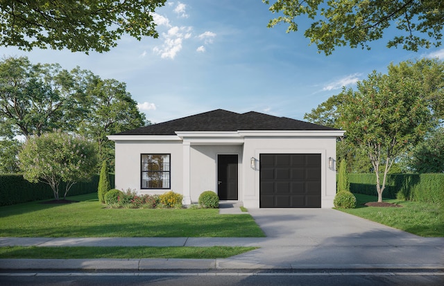 view of front of property featuring a front lawn and a garage