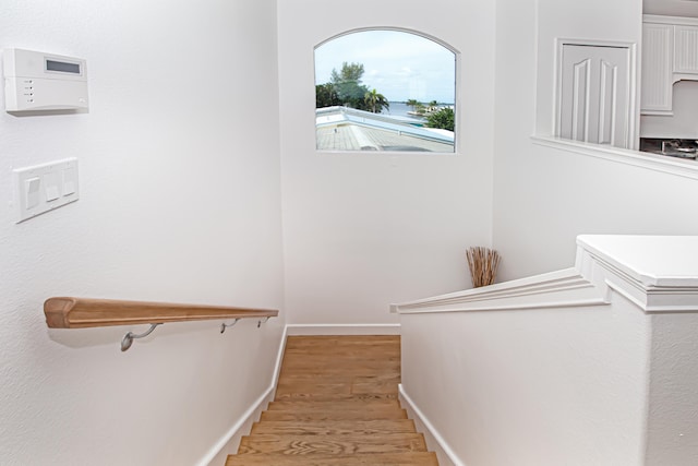 staircase with hardwood / wood-style flooring