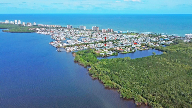 drone / aerial view featuring a water view