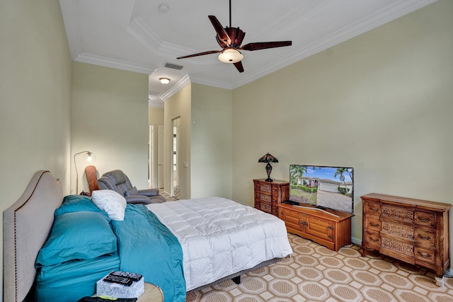 bedroom featuring ornamental molding and ceiling fan