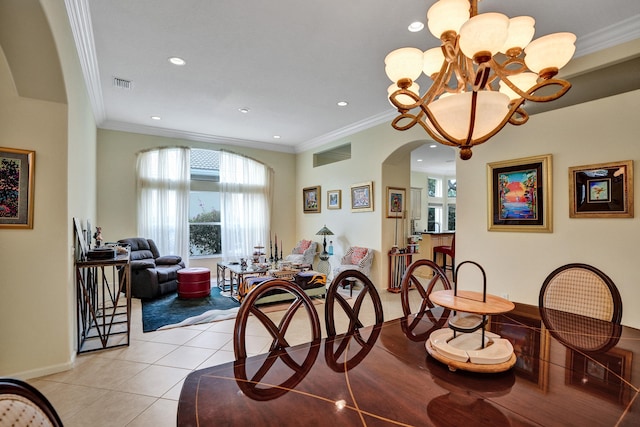 tiled dining room with crown molding and a notable chandelier