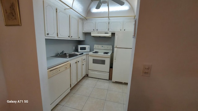 kitchen featuring white cabinets, light tile patterned floors, white appliances, sink, and ceiling fan