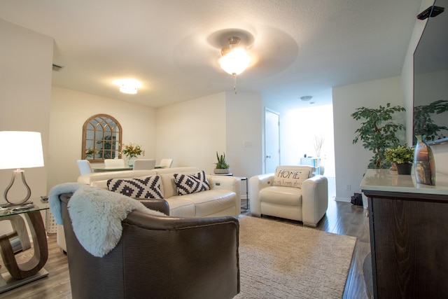 living room featuring ceiling fan and hardwood / wood-style flooring