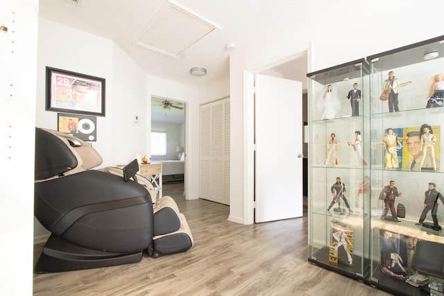 workout room with wood-type flooring and ceiling fan