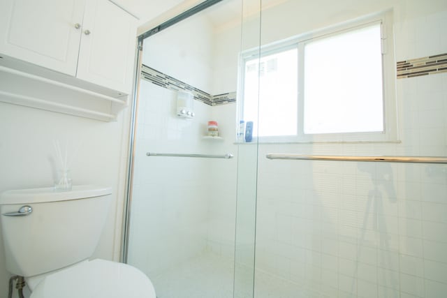 bathroom featuring a shower with shower door and toilet