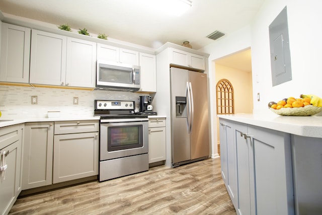 kitchen with electric panel, stainless steel appliances, gray cabinetry, and light hardwood / wood-style floors