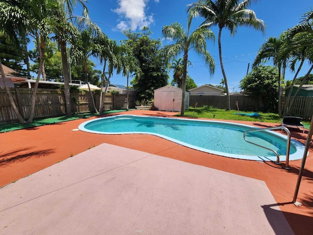 view of pool with a patio and a storage unit