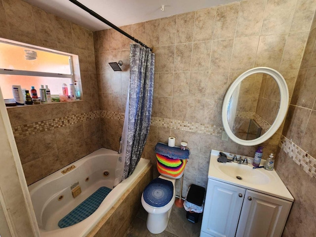 full bathroom featuring tile walls, toilet, shower / tub combo, and vanity